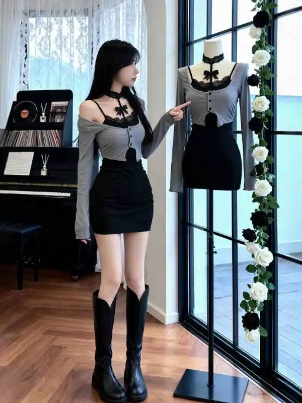 

Sexy Short Skirt Design Long Sleeve Dress Bodycon Style Fake Two-Piece Design Sensual Chic Spring Fashion for Women