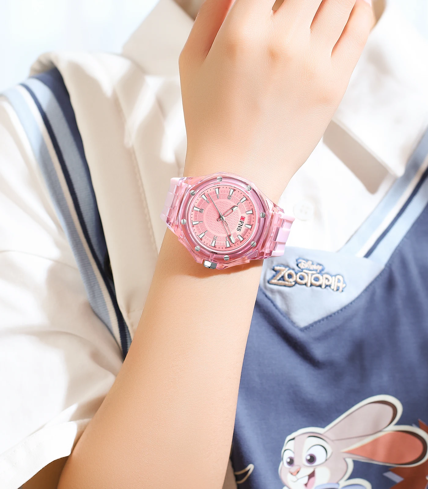 OFNS-reloj de cuarzo con correa de silicona para niño y niña, cronógrafo creativo, transparente, color blanco, rosa y verde, 1608