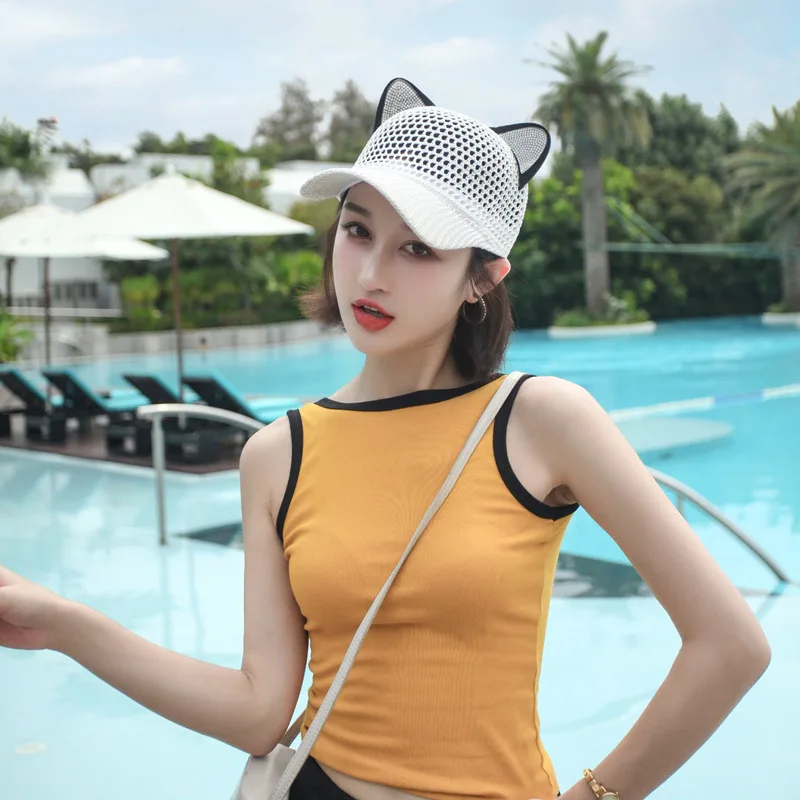 Hat Hollow Out Breathable Duck Tongue Cap Sunshade Cute Cat Ears Cap Baseball Cap women\'s Thin Section White Spring Summer Cap