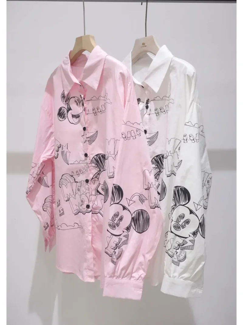 Popular Age Reduction Cartoon Printing Blouse 2024 Early Autumn Loose Thin Medium And Long Cotton Top Long-sleeved Shirt Female