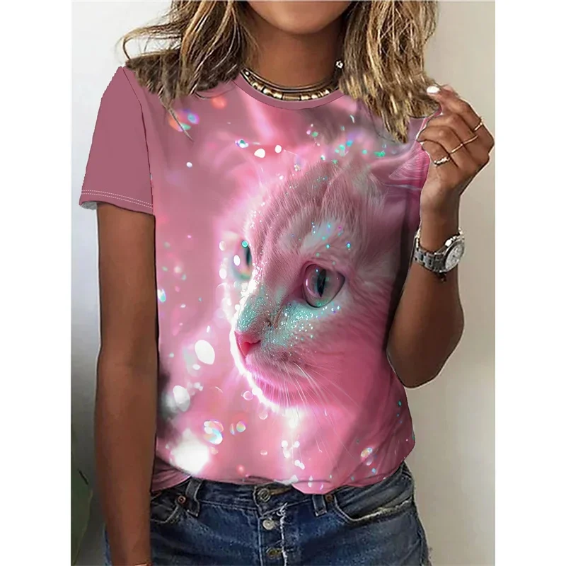 クールな猫柄Tシャツ レディース 可愛い動物 3Dプリント 半袖 夏 オーバーサイズTシャツ Oネック トップス ティー ストリートウェア