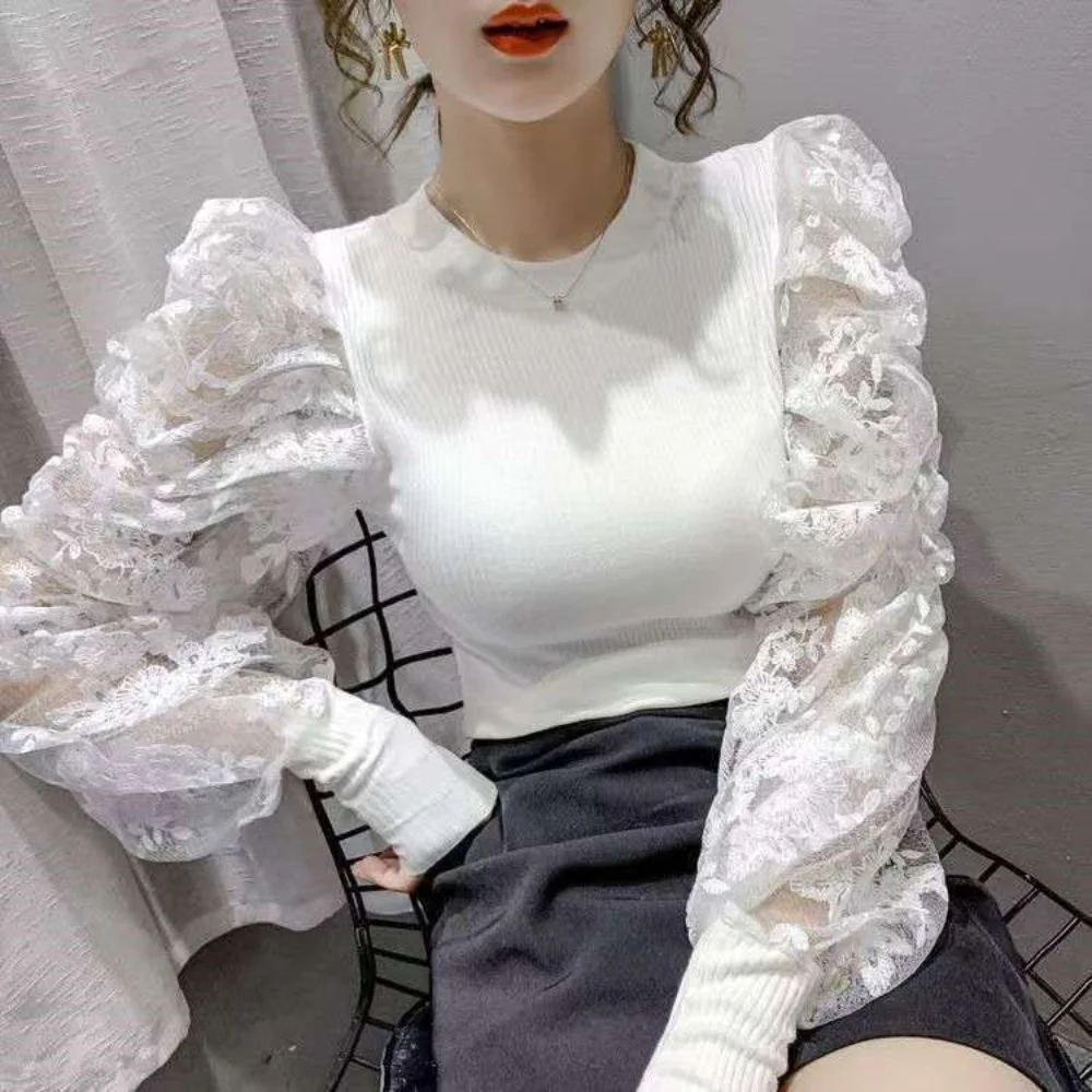 Slim O-Neck Puff Sleeves Women Top Sheer Patchwork Elegant  Blouses Office Lady\'s Casual Chic Solid Top Autumn Korean New Trend