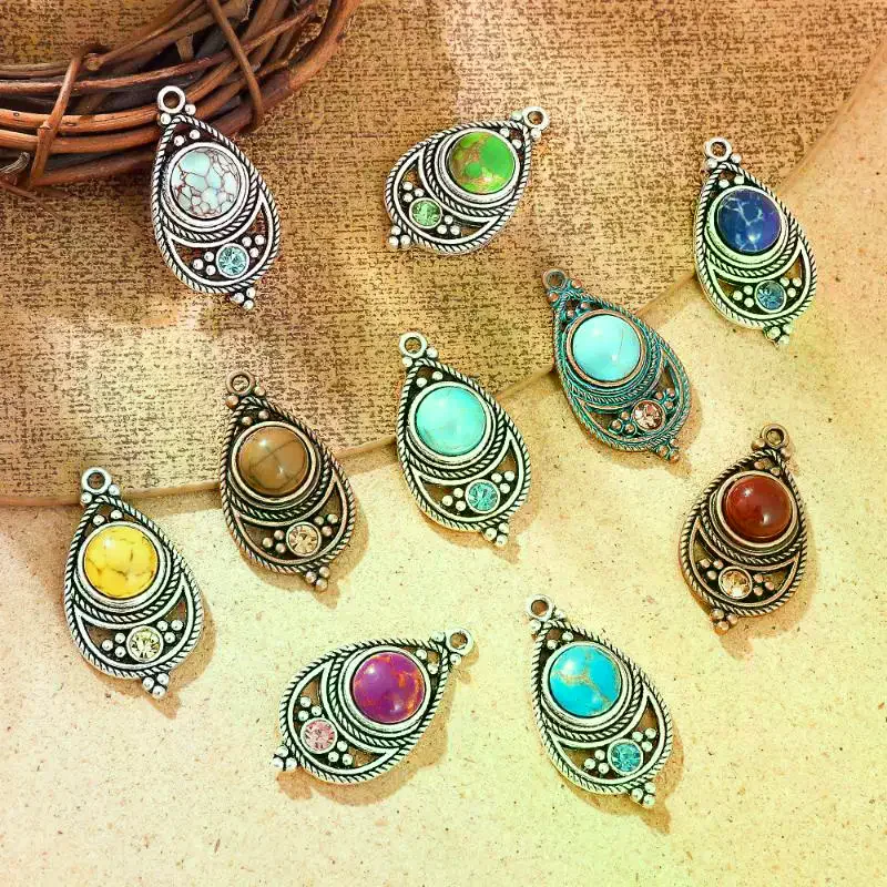 2pcs Vintage Ethnic Bohemia Stone Setting Charms Pendants For Women Earrings Necklaces DIY Making Jewelry Accessories