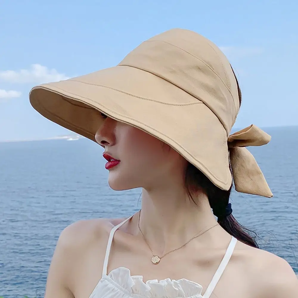 Women Ponytail Visor Uv Protection Foldable Wide Brim Bucket Hat Panama Hat Sun Cap Beach Cap