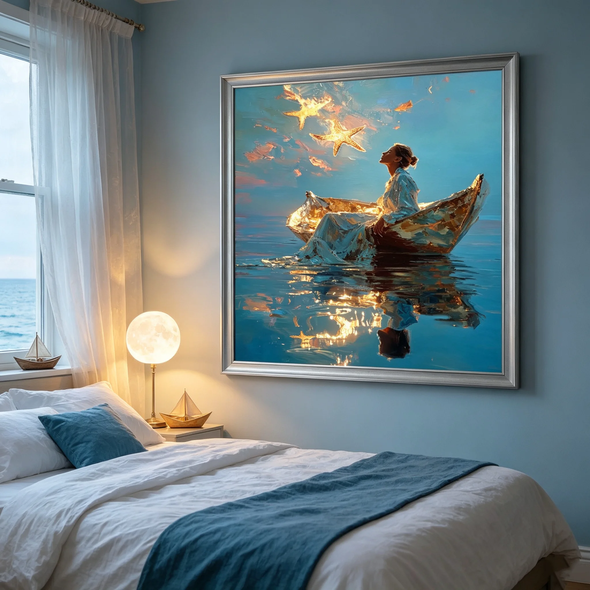 Modern Girl on The Wooden Boat Poster Print Star Lake Canvas Painting Wall Art Picture for Living Room Home Decor Mural