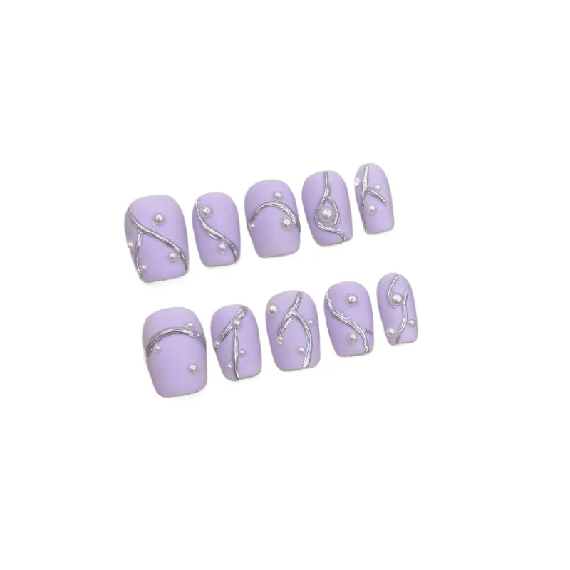 

[Melted silver mist feeling] Sense of matte Purple relief three-dimensional silver pearl short nail sticker finished product