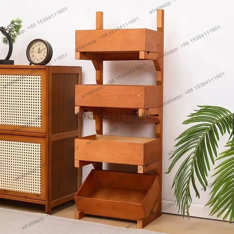 four-layer all-solid wood multi-layer floor-to-ceiling wooden storage rack three-layer living room display rack