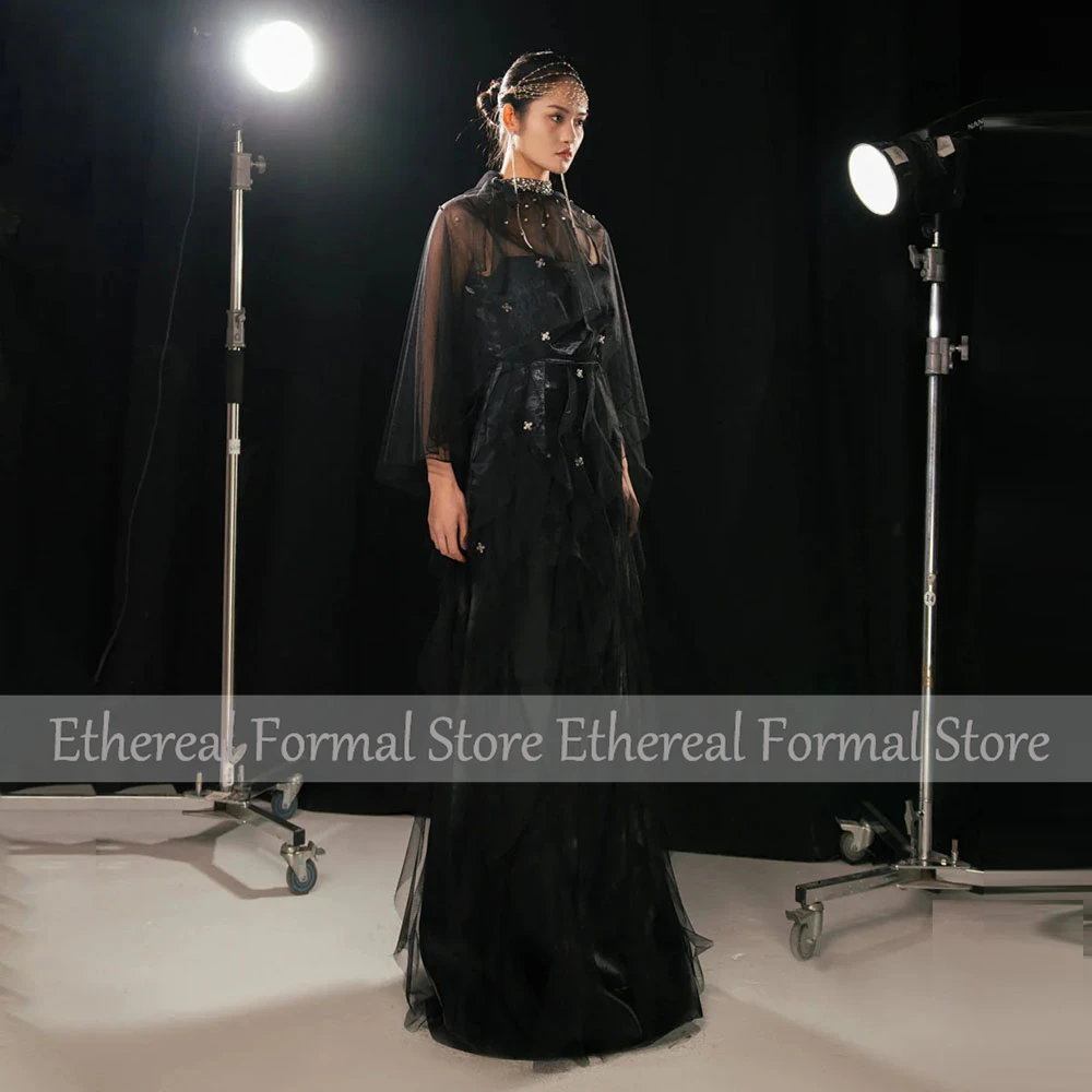 Modernes schwarzes Abendkleid mit Perlenstickerei, trägerloses Meerjungfrau-Damen-Abendkleid mit Schal, ärmellos, Trompete, lange formelle Kleider