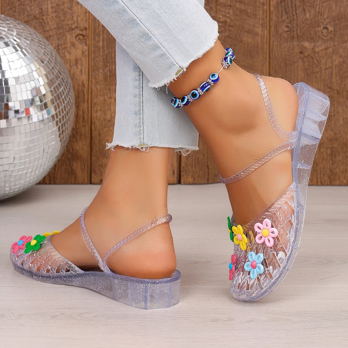 Korean Colorful Flower Transparent PVC Jelly Sandals Woman Summer 2026 Beach Wedges Heel Slippers Ladies Slingback Half Slippers view 4