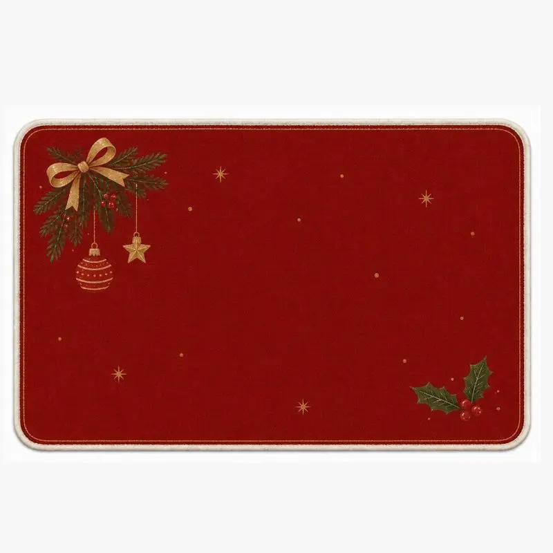 VIKAMA Vintage Red Christmas Doormat Pine Branch Holly Berry Golden Star Bauble Pattern Non Slip Home Entrance Decor Rug