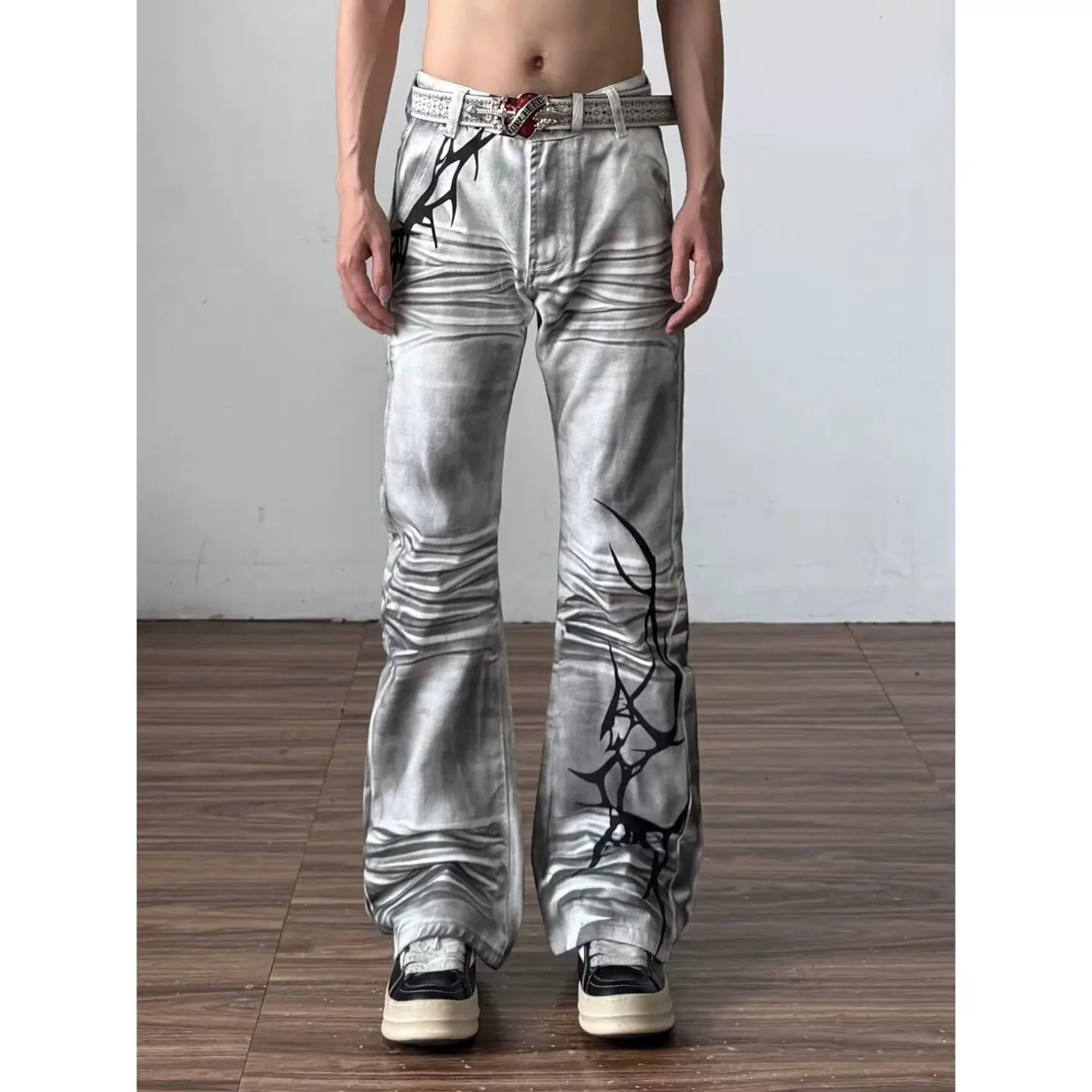 Men's Dirty White Printed Pattern Jeans 90s Street Boys Bottom Casual Pants Unisex Sweatpants Male High Waist Wide-leg Trousers