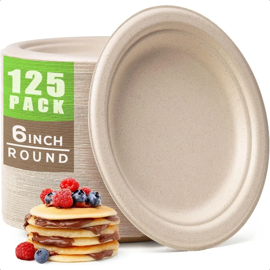 

Compostable Small Paper Plates 6 Inch 125 Pack Dert Plates Heavyduty Made of Sugarcane Fiber