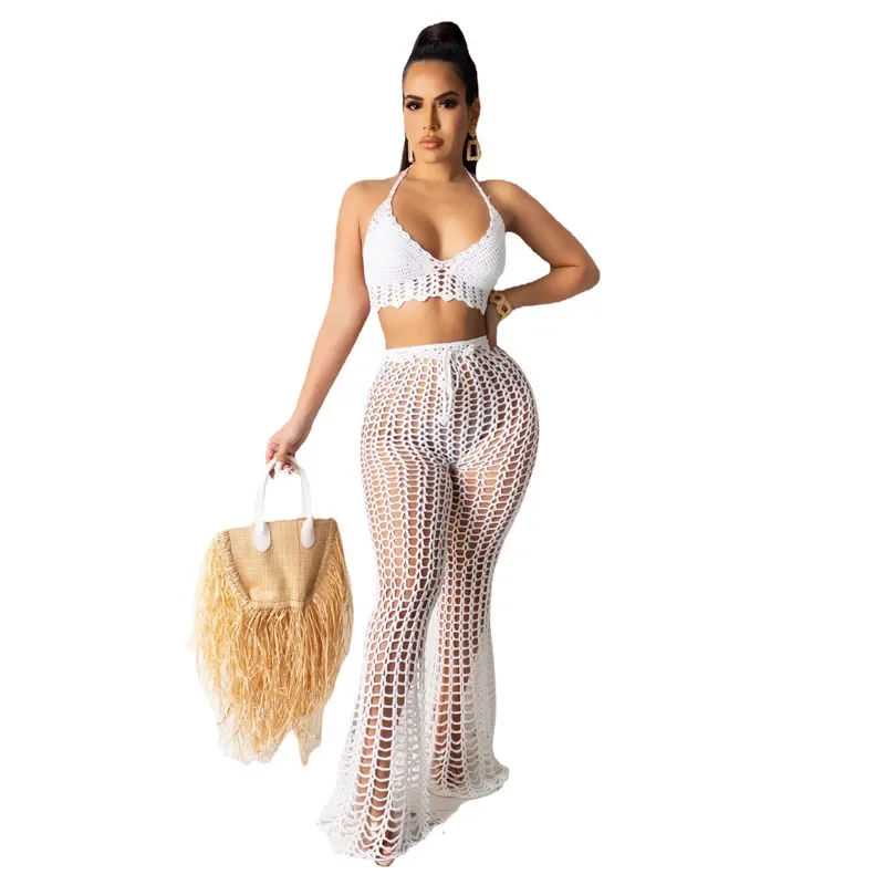 Sexy Women Knitted Set Two Pieces Set Halter Backless Bra Crop Top Pants Crocheted 2 Pieces Set Hollow Out Crochet Beach Set