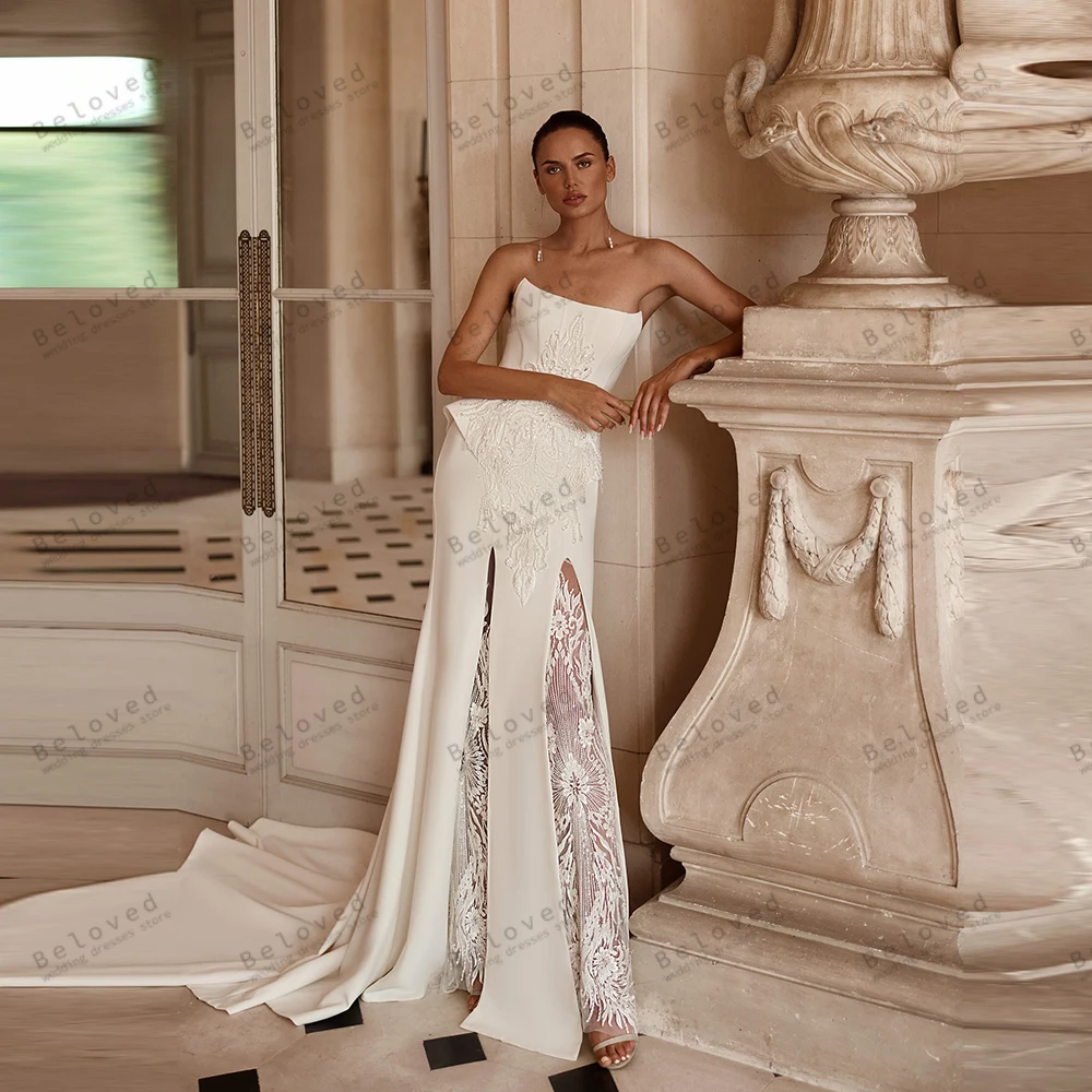 

Очаровательные свадебные платья Современные свадебные платья Атласные халаты Кружевные аппликации Без бретелек с открытой спиной Vestidos De Novia по индивидуальному заказу 2026