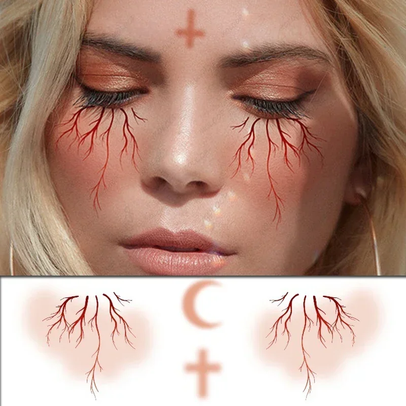 

Sticker Fake Tattoos Cross Blood Vessel Moon Butterfly Dots Halloween Party Makeup Temporary Waterproof Face Art for Men Women