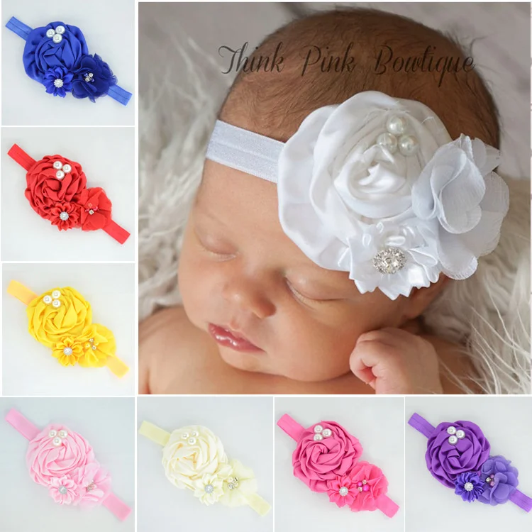 1 Pieces Lytwtw's Baby Girl Headband Infant Hair Flower Cloth Newborn Headwrap Gift Toddlers Ribbon Crystal Pearl Headwear