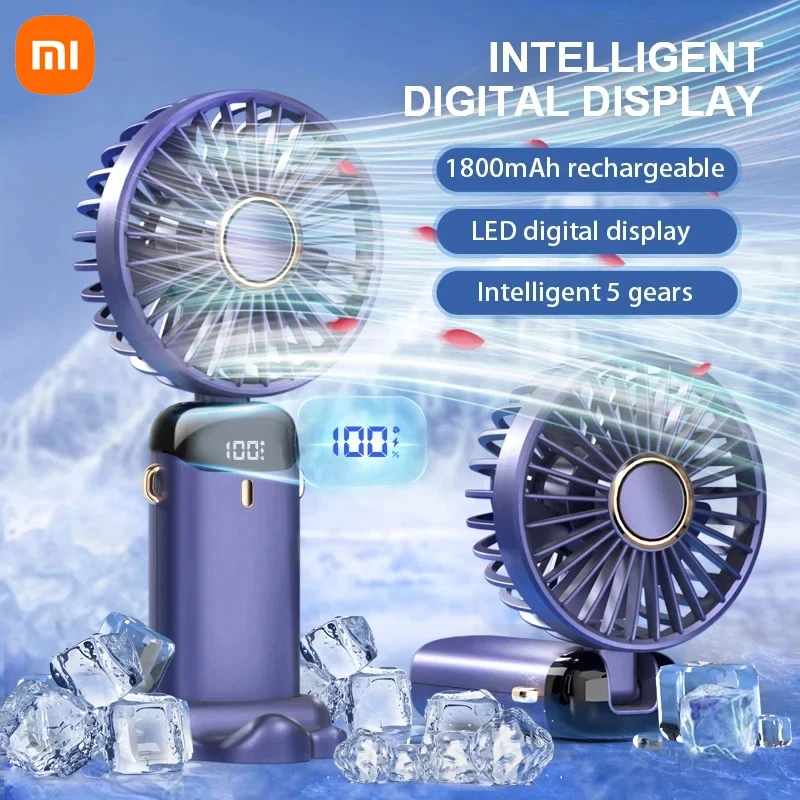 Ventilador Portátil Xiaomi Mini Dobrável com Suporte para Celular e Tela de Exibição, 5 Velocidades, Recarregável via USB, 1800mAh