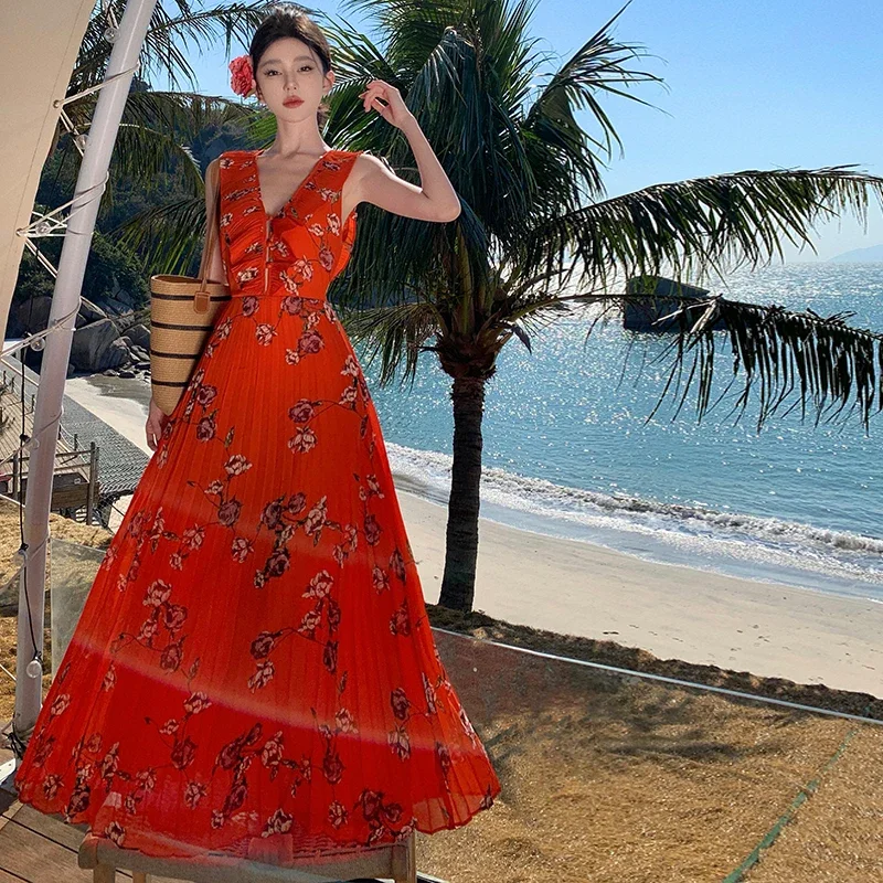 2025 verão francês flor vermelha impressão chiffon férias vestido longo feminino decote em v sem mangas babados sexy sem costas boho plissado robe