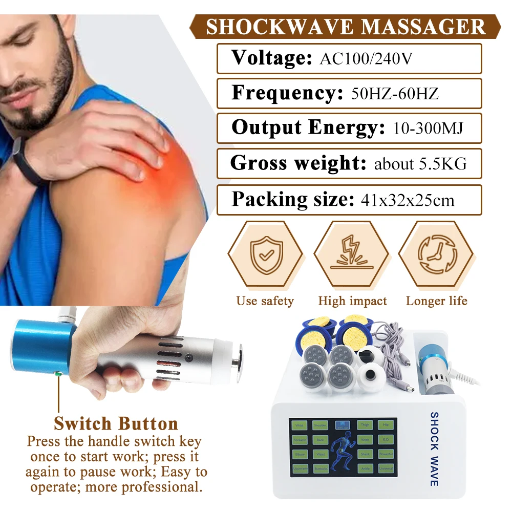 กายภาพบําบัด Shockwave Therapy เครื่อง EMS สําหรับ ED Treatment Lumbar Pain Relief 300MJ Shock Wave 2025 ใหม่ Tech Handle Massager