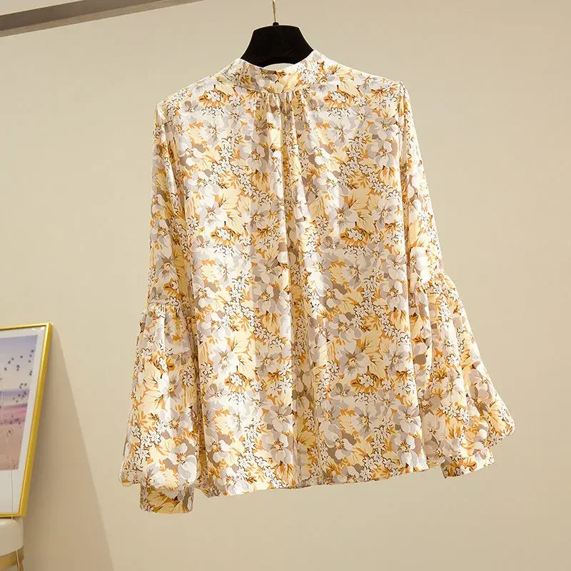 Women\'s Clothing Korean Fashion Floral Print Stand Collar Blouse Spring Autumn Lantern Sleeve All-match Chiffon Shirt for Female