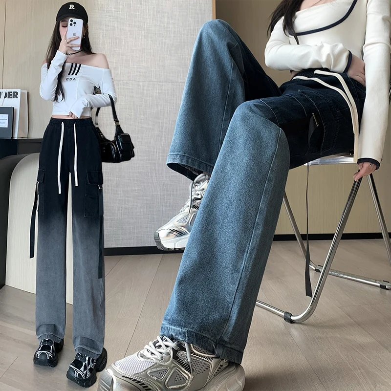 Women's High Waist Gradient Color Block Cargo Jeans, Multi‑Pocket Straight Wide Leg Long Denim Pants, Real Shot