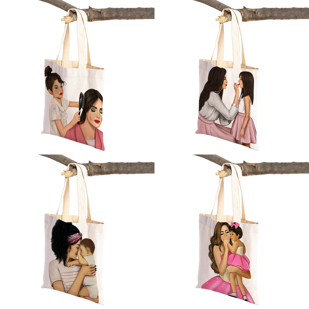 Mode Super Moeder En Baby Lady Shopping Schoudertas Cartoon Print Herbruikbare Opvouwbare Casual Canvas Doek Vrouwen Tote Handtas