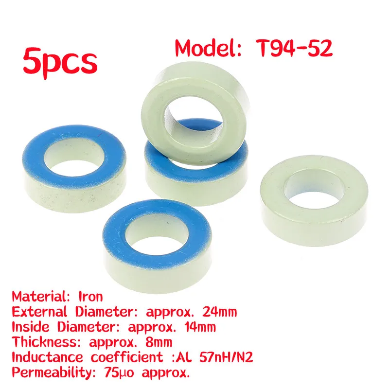 5pcs 24x14x8mm T94-52 Iron Ferrite Toroid Cores Blue Green Ring For Inductors Iron Powder Core Blue Green Ring