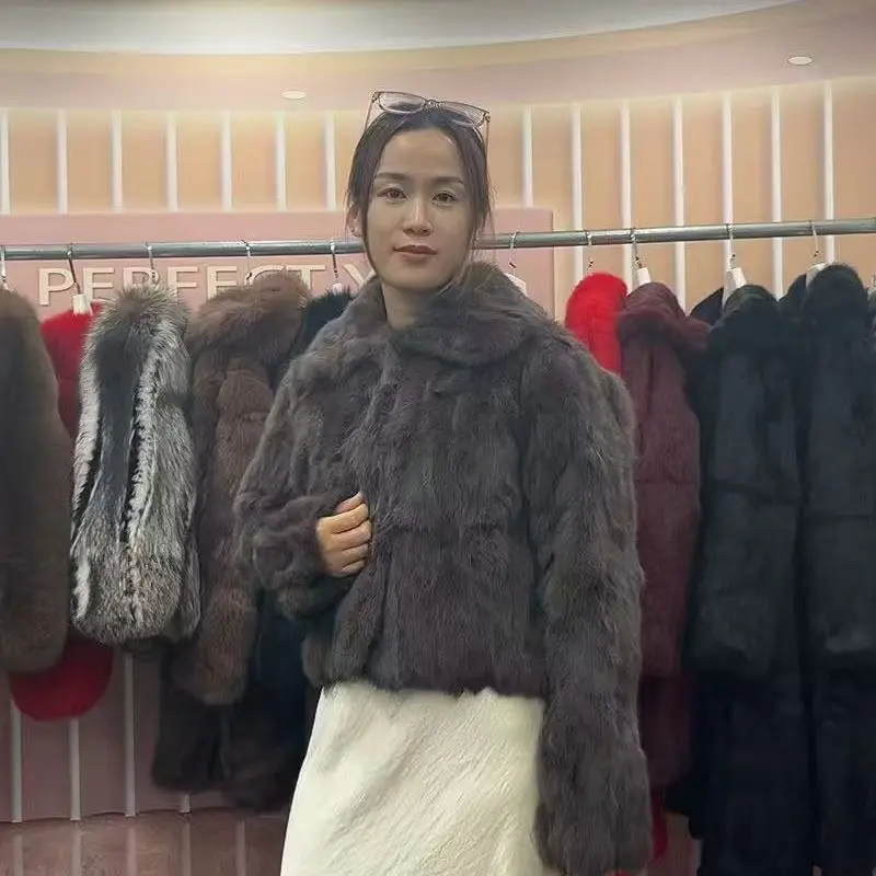 新スタイル レディース 冬用 暖かい ソフト 高品質 本物のレックスラビットコート レックスラビットファー ショートジャケット 大きな本物のフォックスファー襟付きオーバーコート Wh108