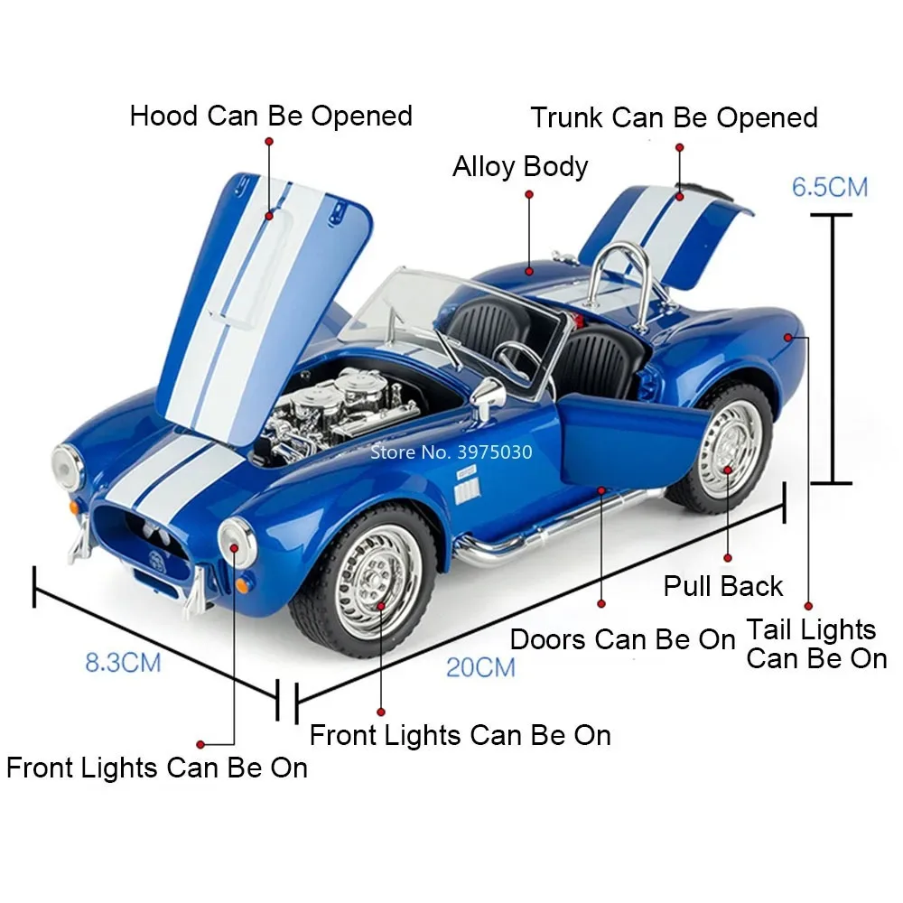 1:22 993 rwb shelby cobra brinquedos carros liga diecast modelos portas abertas carro esportivo em miniatura luz música veículo presentes de aniversário