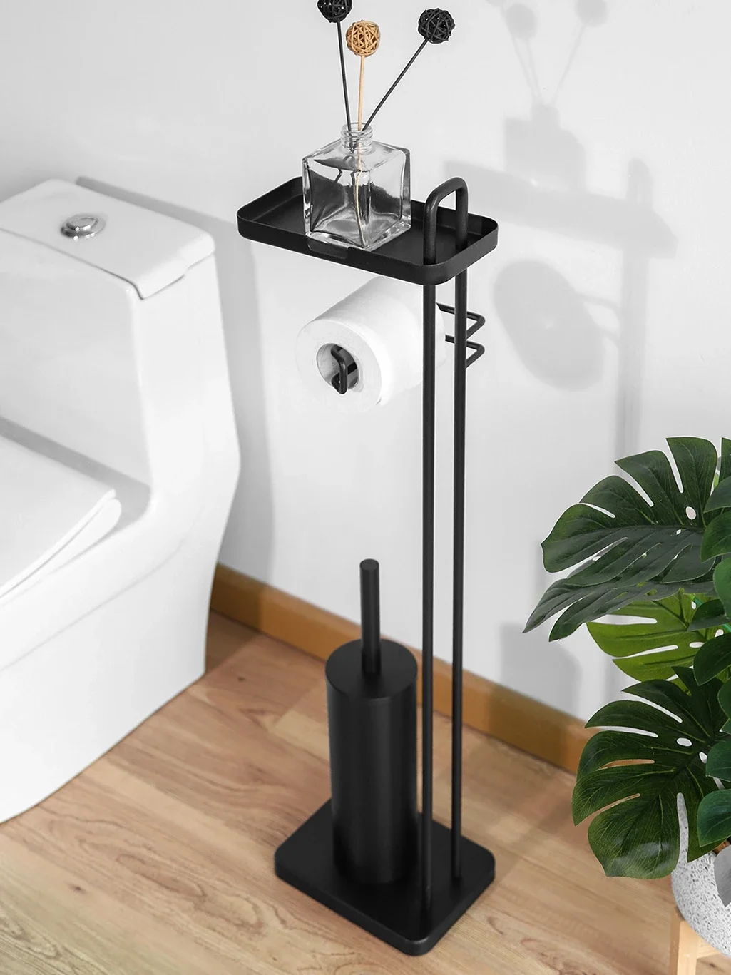 Non-punching floor-to-ceiling tissue holder bathroom bathroom black stainless steel roll paper rack with toilet brush set