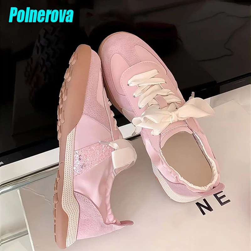 

Thick Soled Women's Canvas Sports Shoes Summer Sweet Beige Pink Lace-Up Flats Casual Shoes Fashion Mixed Colors Walking Sneakers