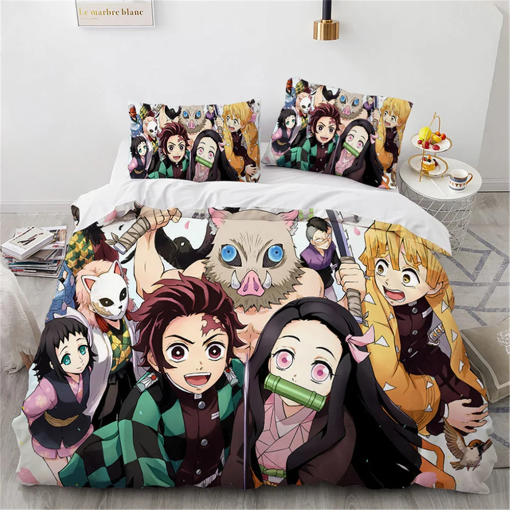 Demon Slayer Bedding Set Cartoon Anime Kamado Tanjirou Nezuko Rengoku Giyuu Duvet Cover Pillowcases Kids Comforter Bedroom Decor