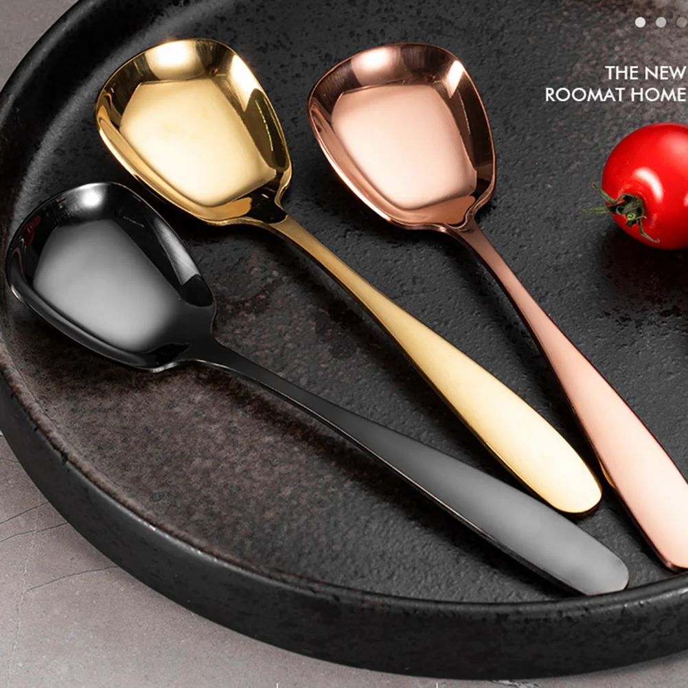 

2 Pcs Stainless Steel Spoon Polished Flat Square Bottom Soup Chinese Style Dessert Easy Clean Dishwasher Safe Mirror Finish