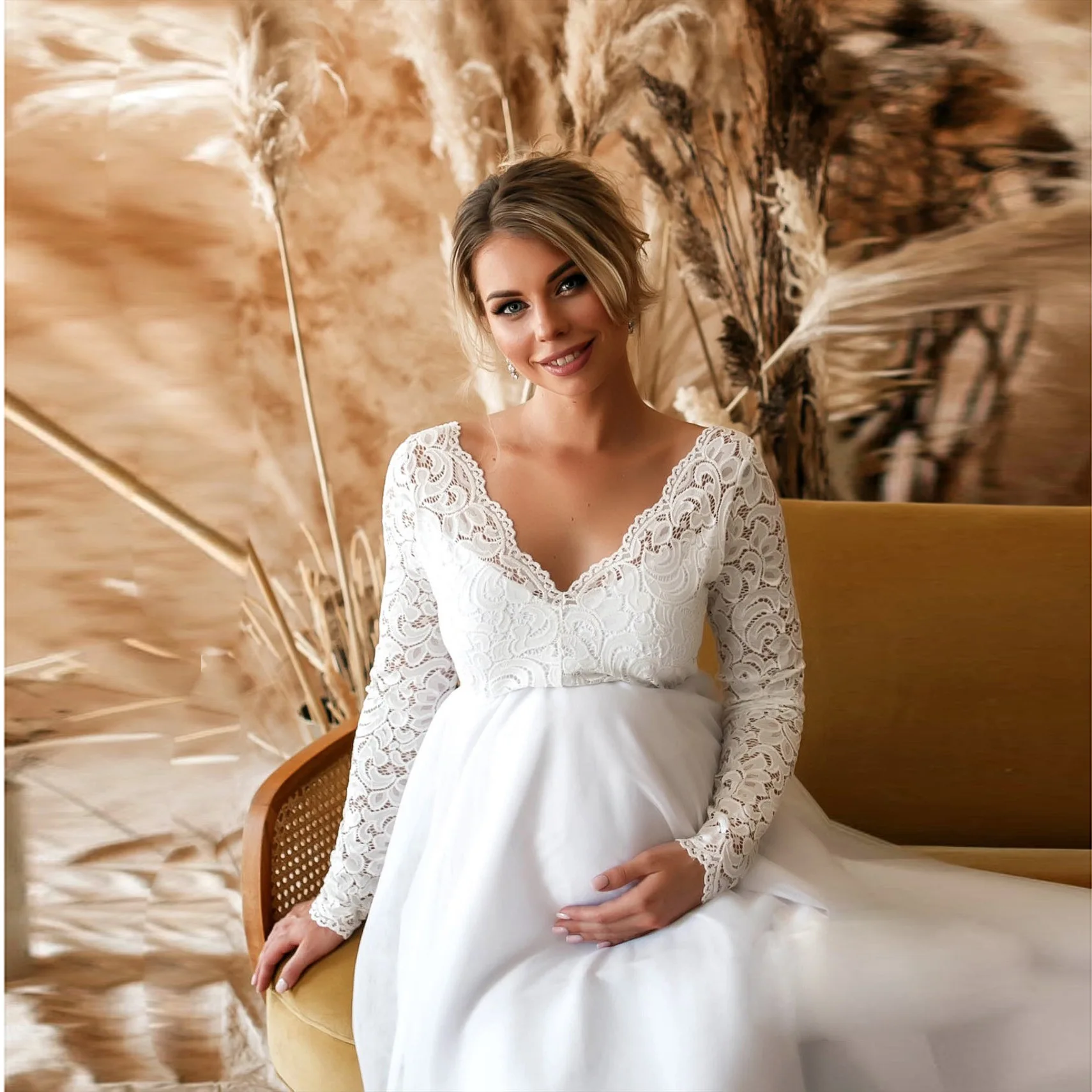 European & American Long-Sleeve Lace Spliced Maternity Photograph Dress Sexy Loose-Fit Trailing Maxi Dress Gown for Pregnancy