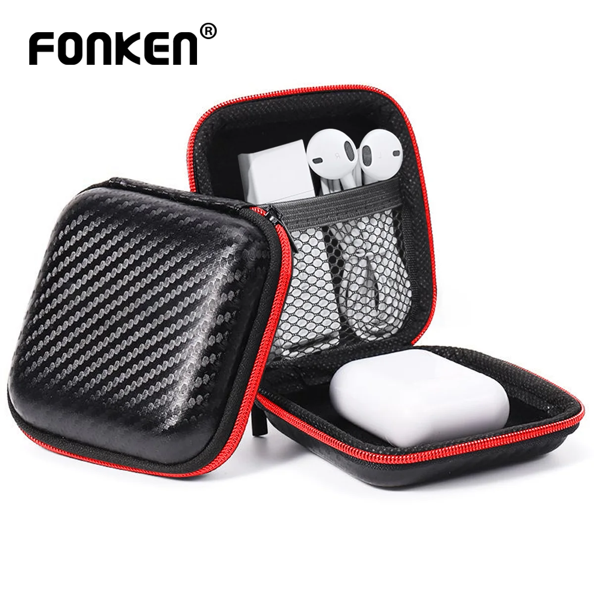 FONKEN 3.5mm Wired Earphone Storage Box Portable Headset Carrying Pouch Bag Zipper USB Cable Mini Case Wallet