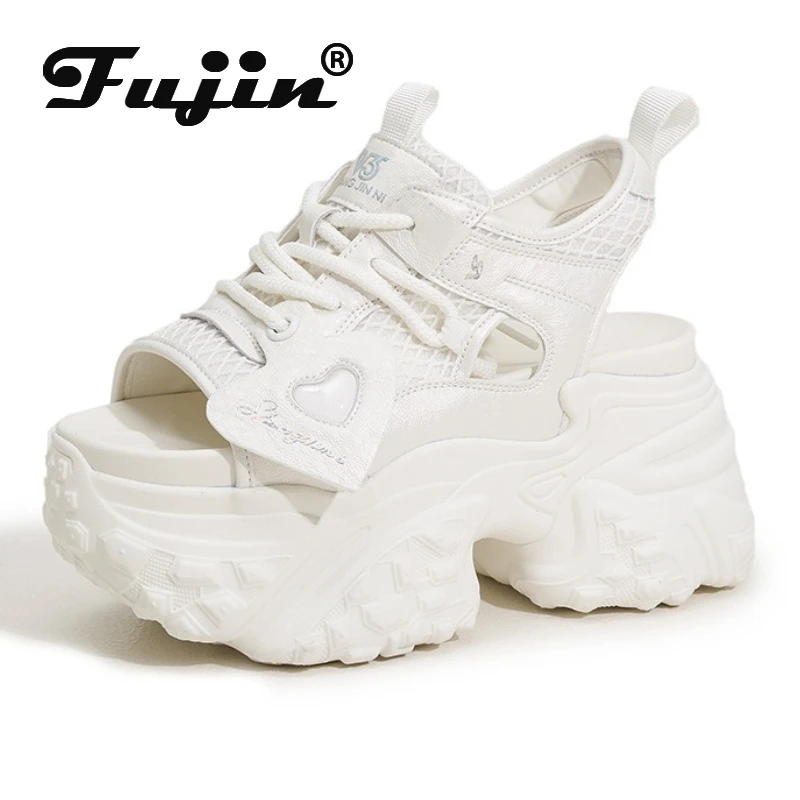 

Fujin/9 см кожаные ботильоны из микрофибры с воздушной сеткой, блестящие брендовые удобные ботильоны, модные летние массивные кроссовки на крючках, женская обувь