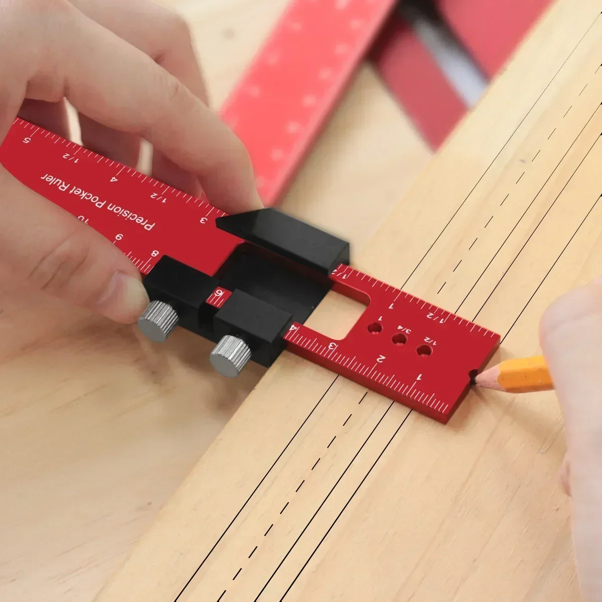 Aluminum Alloy Precision T-Ruler, 45/90° Woodworking Square with MM/IN Scales, Pocket Marking Gauge & Straight Edge