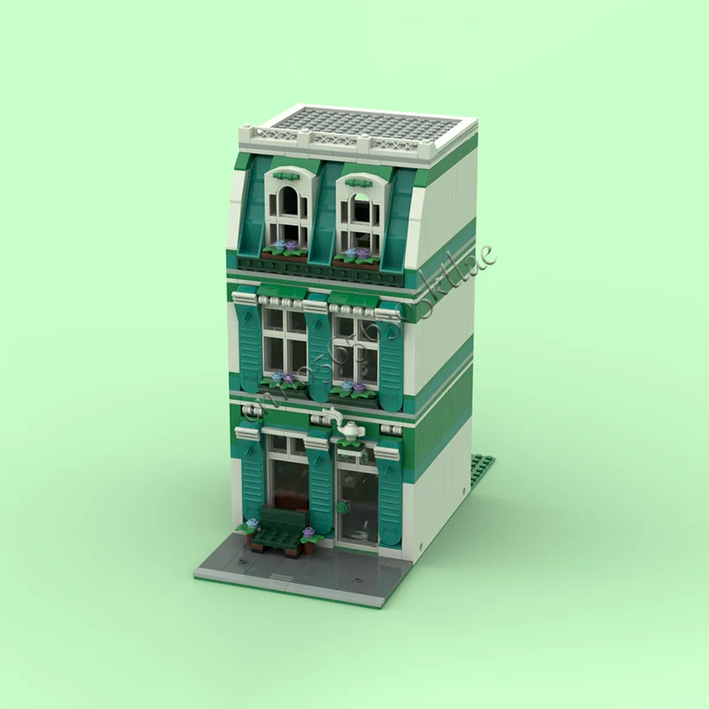 865 PCS Turquoise Tea House Building Block Retro Architecture Model Display Toys Assembly Birthday Christmas Gifts For Children