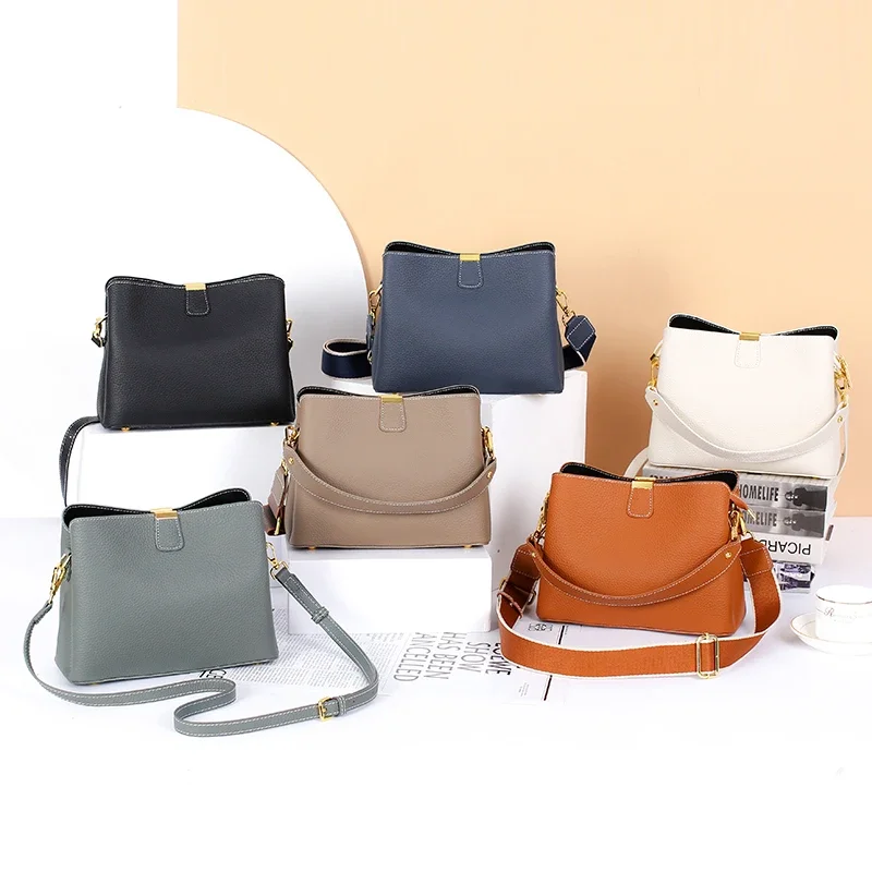 2024 Hot Style Genuine Leather Large Capacity Bucket Bag Women's Wide Strap Shoulder Crossbody Bag Designer Commuting Tote Bag