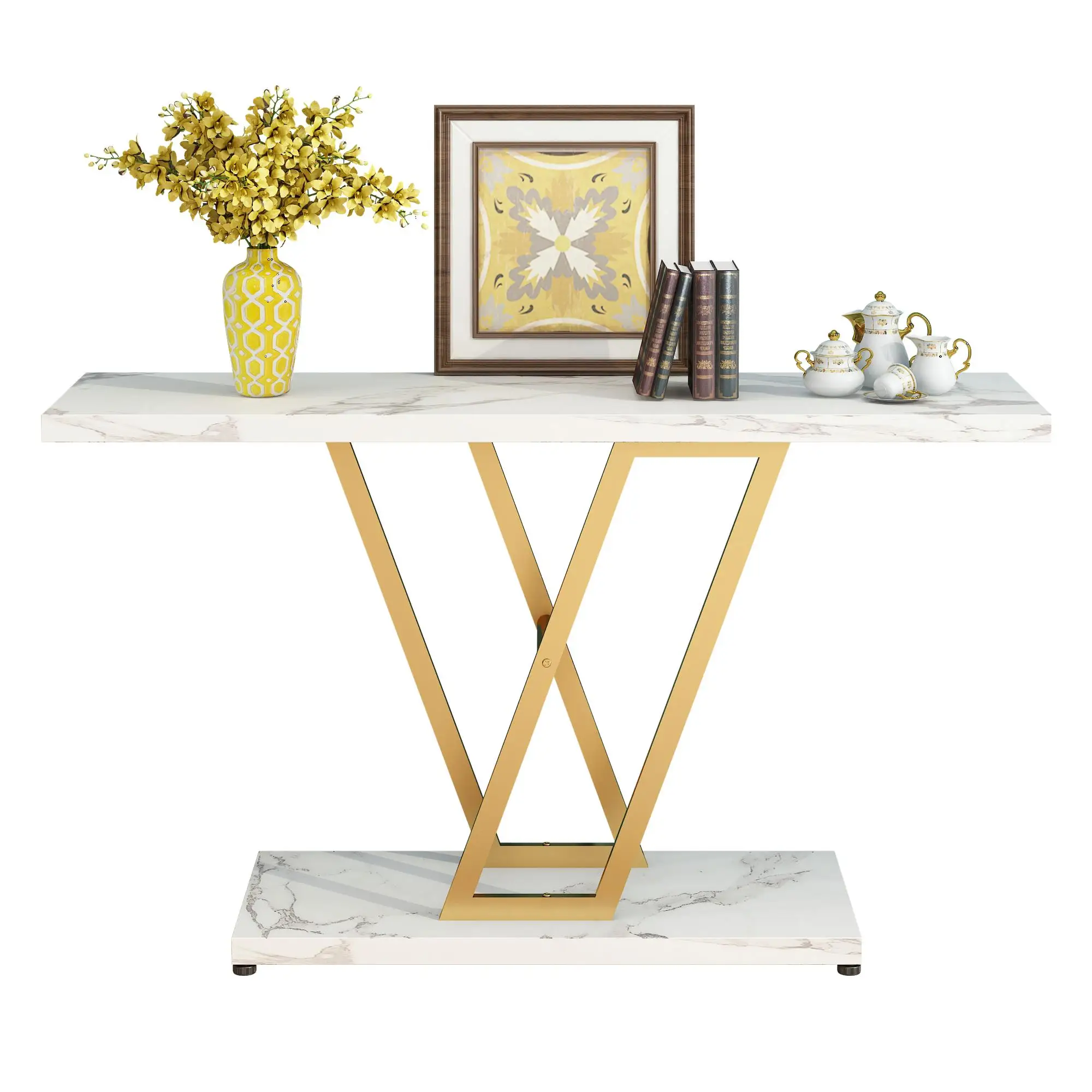 42 Inch Industrial Console Table for entryway | Narrow Sofa Table with Stable Metal Frame | Easy Assembly in Gold/White
