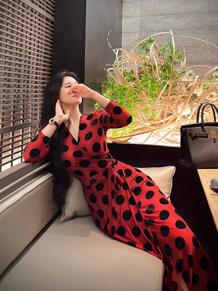 

YANGXIAOJING Элегантное бархатное платье в горошек с запахом, винтажное красное, цельное, весна-лето, новинка, женское модное платье