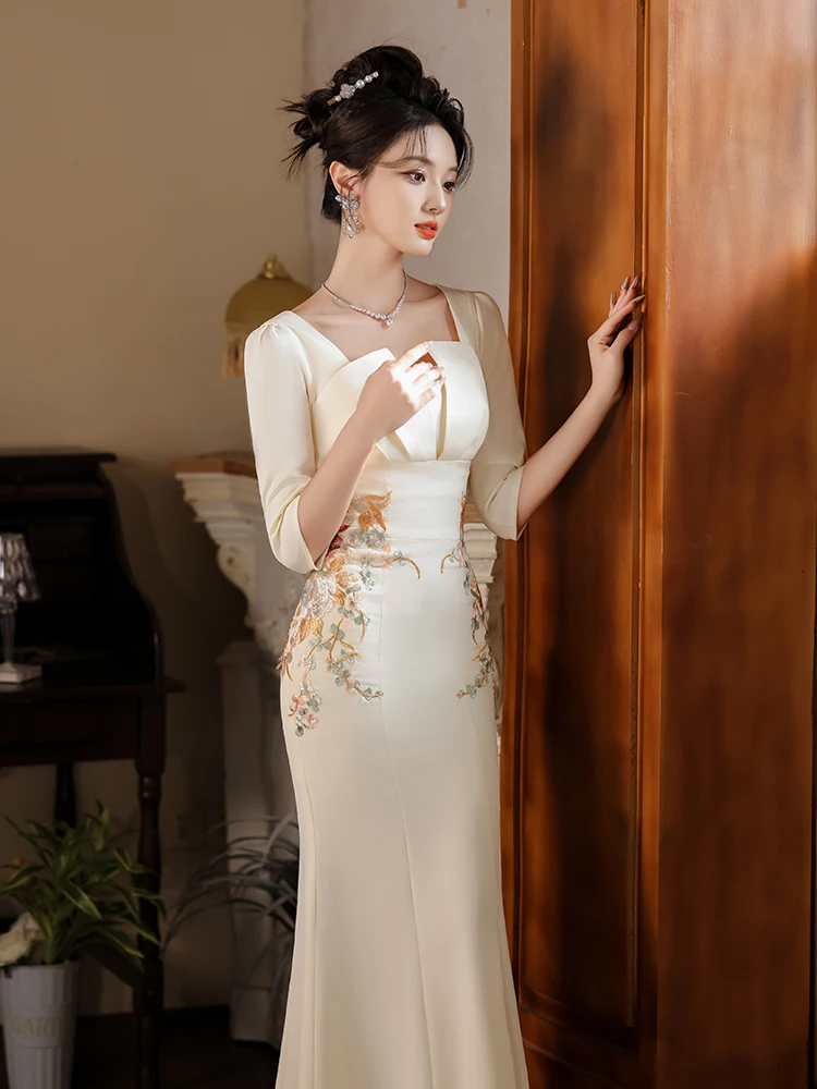 

Champagne Color Evening Gown Women's 2025 New High-End Ele Luxury Fi Tail Skirt for Host Par Wedding Date Cany ...