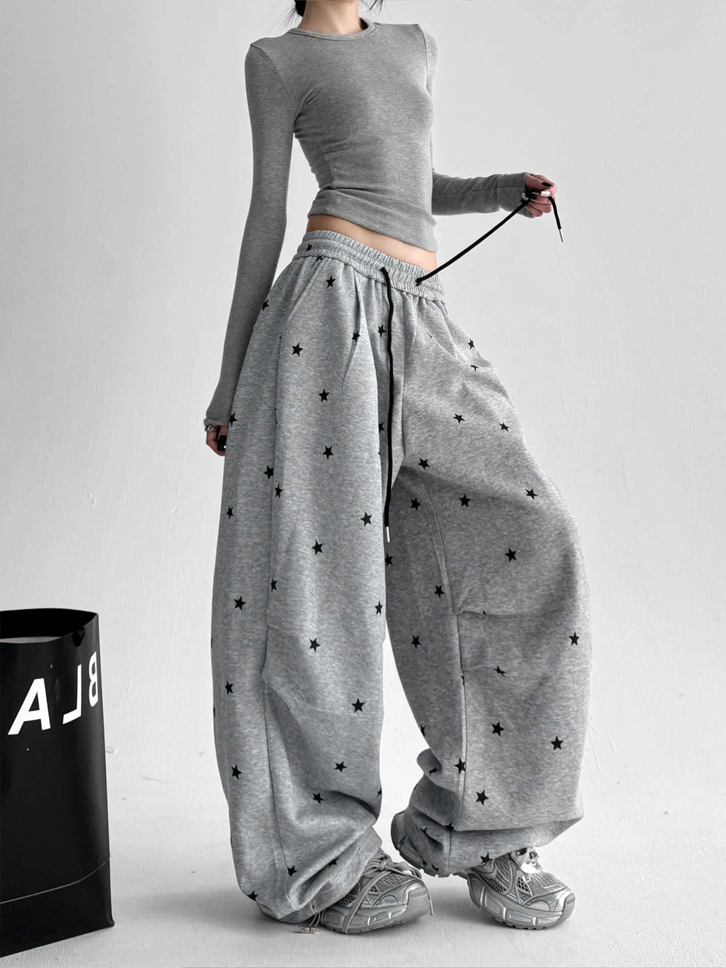 

Printed Star Casual Pants Wide Leg Elastic Waist Dance Sle for Men And Women Spring Autumn High Waist Trendy Long Trousers