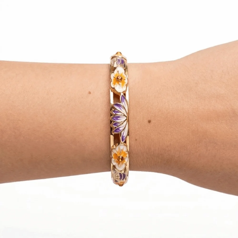 Elegant Enamel Floral Bangle Gold Plated Chinese Style Cloisonne Bangle Alloy Rich Colors Lotus Floral Open Cuff Bracelet Ladies