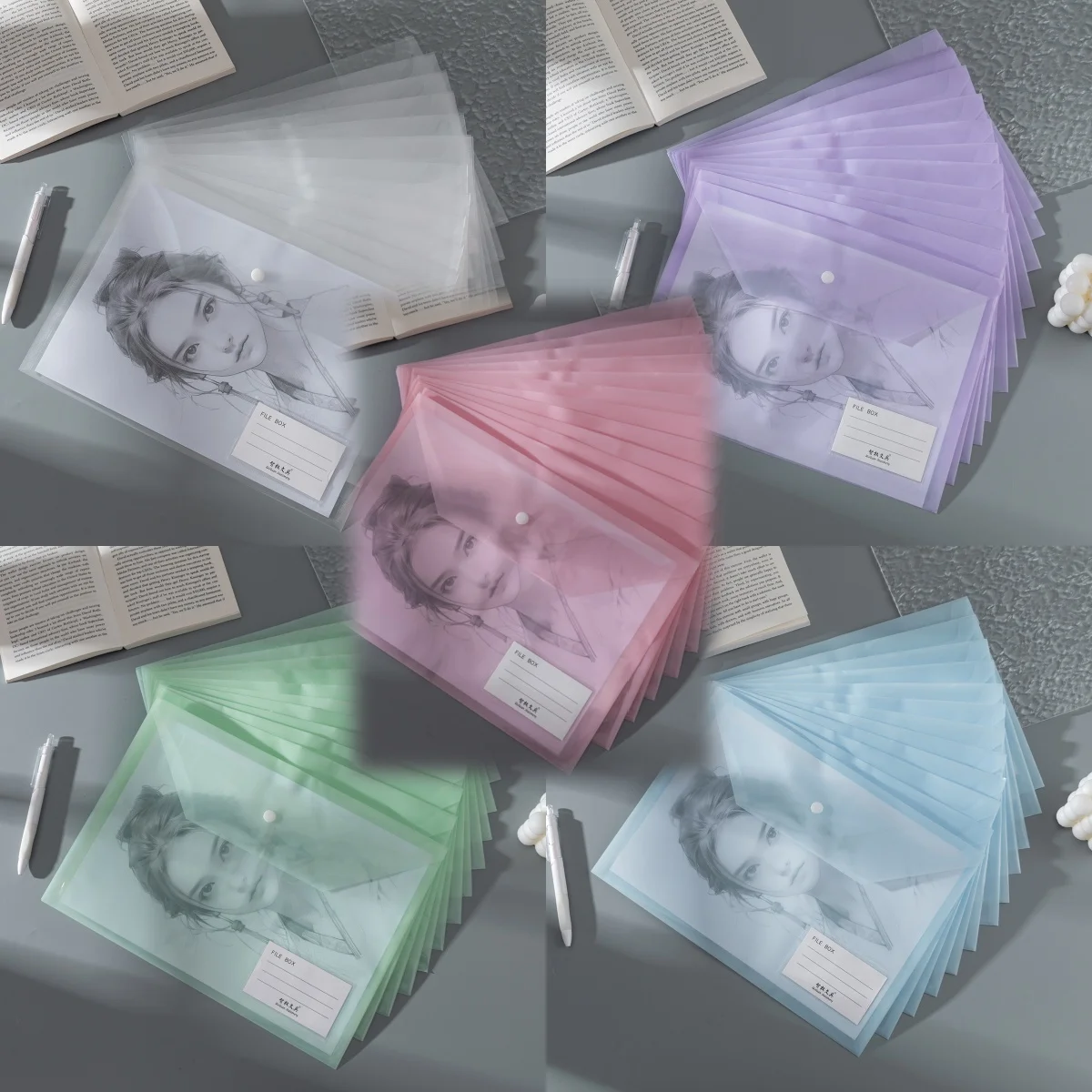 

12-Piece File Bag with Transparent Label A4 Folder Button Bag High-Value Snap Student Test Paper Information Bill Storage Bag Tu