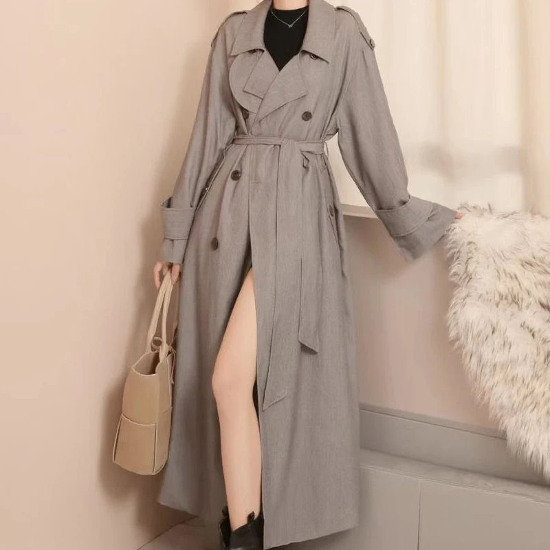 

SuperAen Double-breasted Solid Color Long Trench for Women Spring and Autumn 2025 New Loose Lace-up Coats