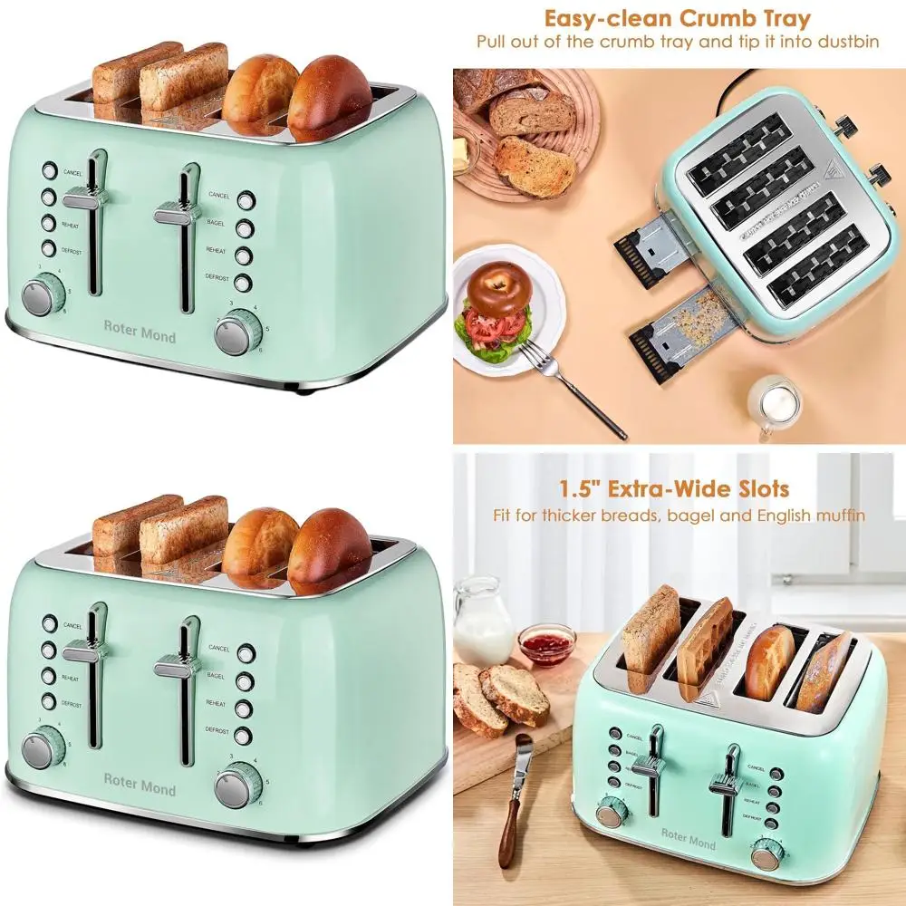 

Vintage-Style 4-Slice Stainless Steel Toaster with Wide Slots, Bagel, Defrost, Reheat, Dual Controls, Removable Crumb Tray, 6 Sh