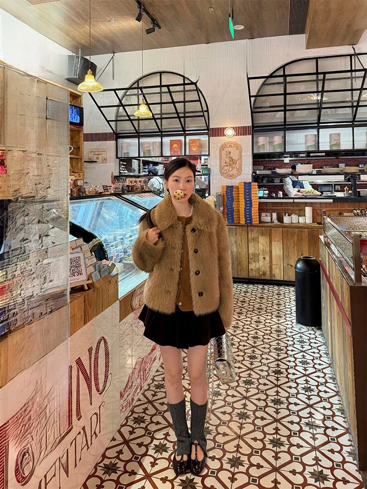 

Desert Beau 2024 Winter New Sle Women's Fur Coat Faionable Long Sve Leather And Fur Inteated Outerwear