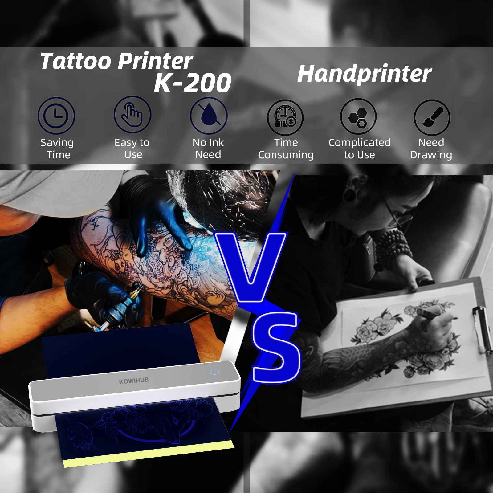 Impresora de transferencia de tatuajes inalámbrica K200, móvil térmico Bluetooth con 10 Uds., impresora de papel de transferencia de tatuajes, portátil, mayor claridad