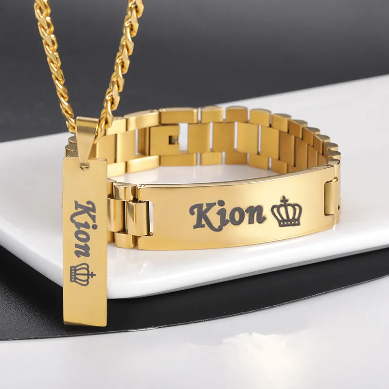 Custom Men Name Necklace Big Bangle Jewelry Set Stainles Steel Gold Color Nameplate Accessories Boyfriend Dad Son Husband Gifts